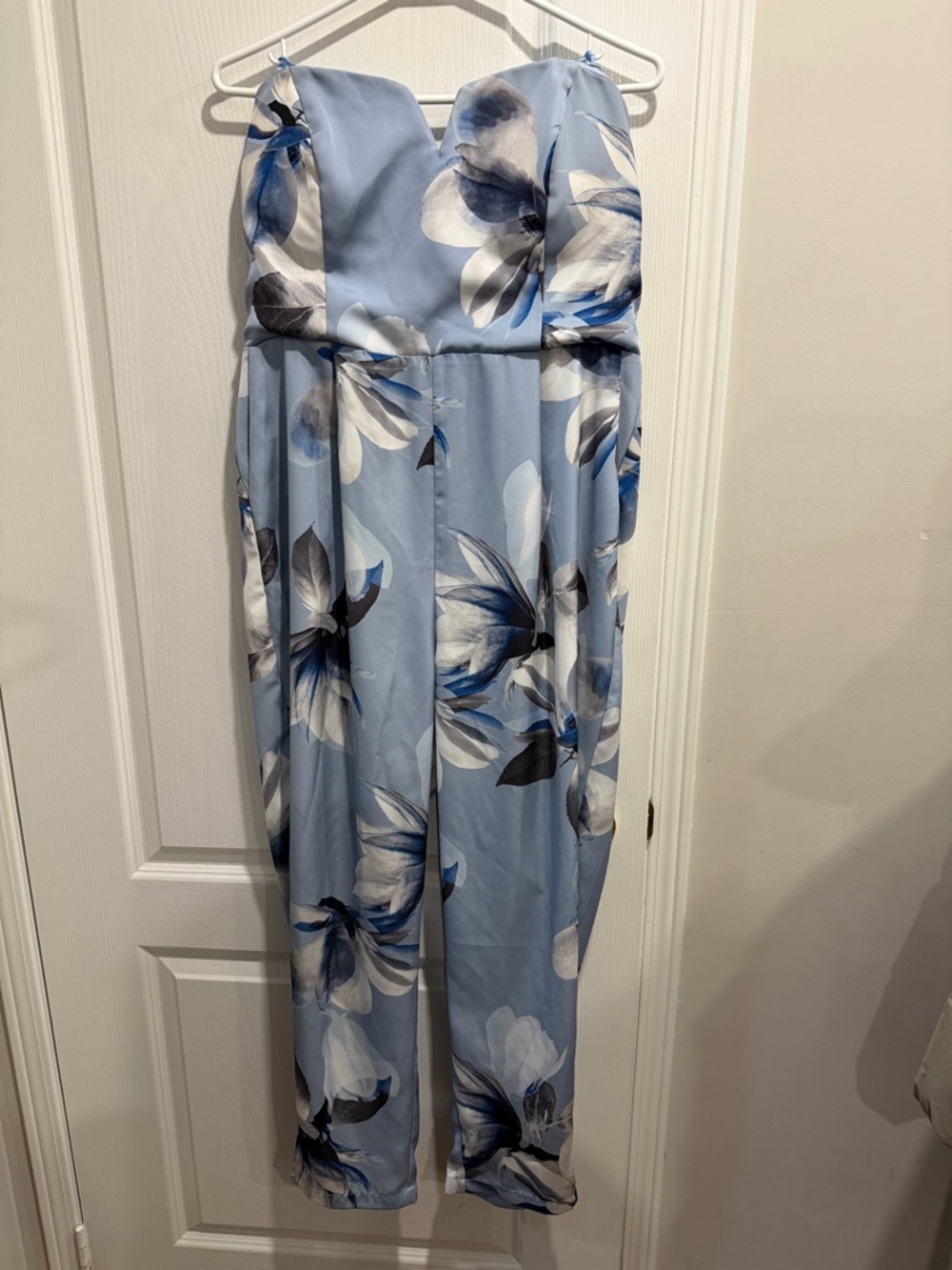le chateau Strapless Floral Romper in Light Blue and White